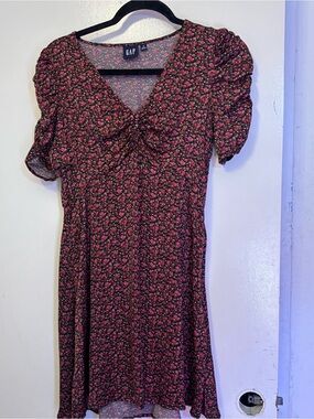 GAP Black Dress with floral rose print and puff sleeves